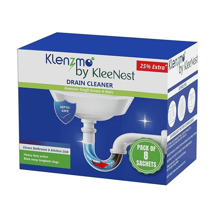 Kleenest Klenzmo Drain Expert Powder | Powerful Drain Opener for Kitchen & Bathroom Powder Drain Opener(200 g, Pack of 8)