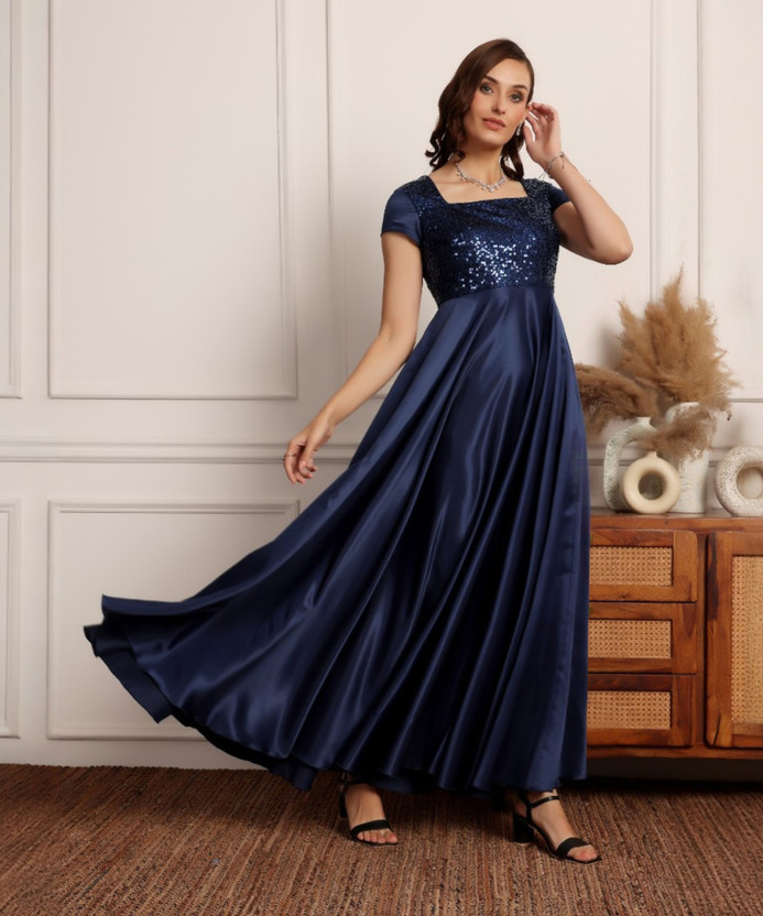 Miss Chase Women Fit and Flare Blue Maxi/Full Length Dress
