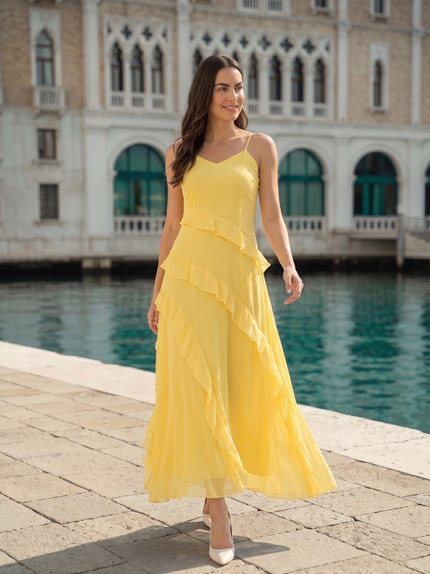 AAYU Women Layered Yellow Maxi/Full Length Dress