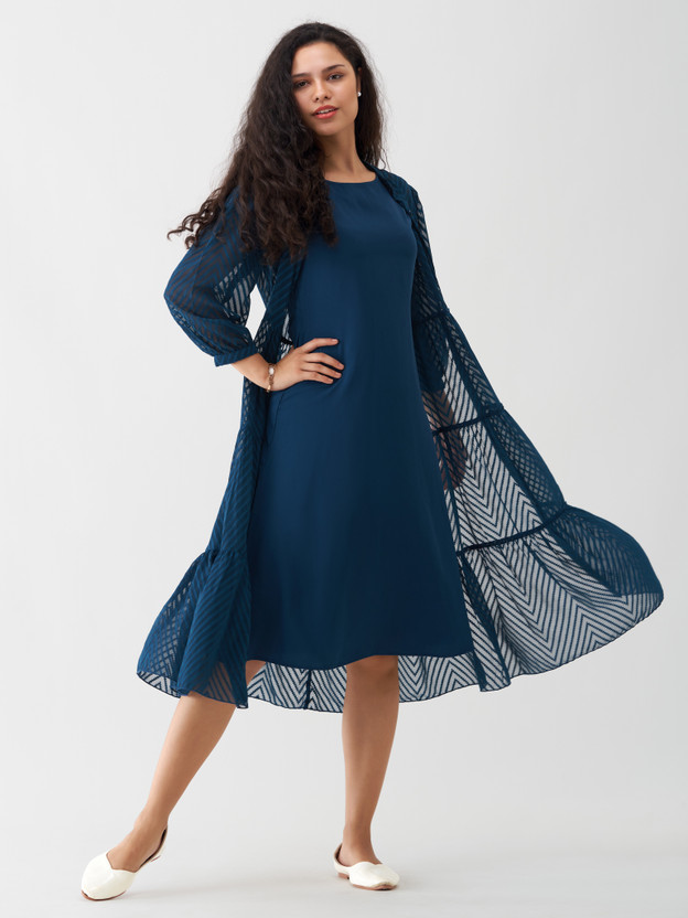 AASK Women Fit and Flare Dark Blue Midi/Calf Length Dress