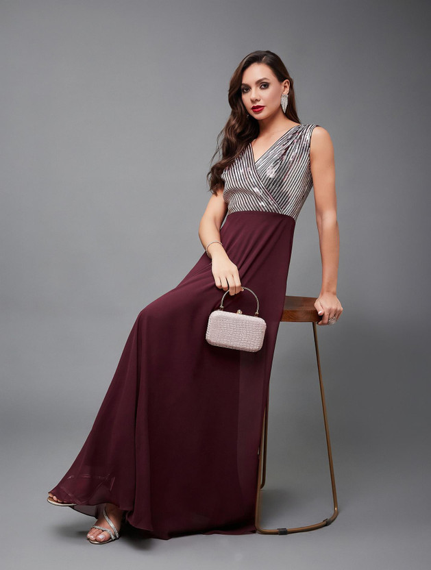 Miss Chase Women Wrap Maroon Maxi/Full Length Dress