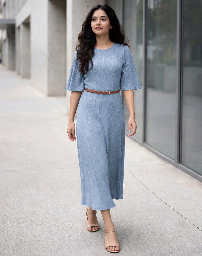 Selvia Selvia Women Fit and Flare Light Blue Midi/Calf Length Dress - Flipkart Deal