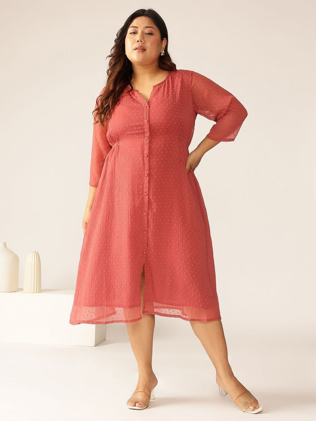 Janasya Women A-line Pink Midi/Calf Length Dress