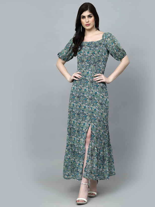 AAYU Women Fit and Flare Green, Multicolor Maxi/Full Length Dress