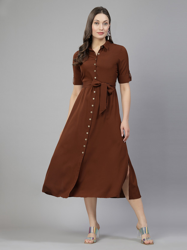 AAYU Women Shirt Brown Midi/Calf Length Dress