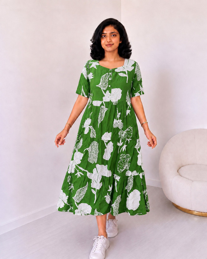 KR GLOBAL ENTERPRISES Women Tiered Green Midi/Calf Length Dress