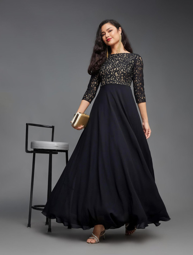 Miss Miss Chase Women Maxi Black, Yellow Full Length Dress - Flipkart Deal