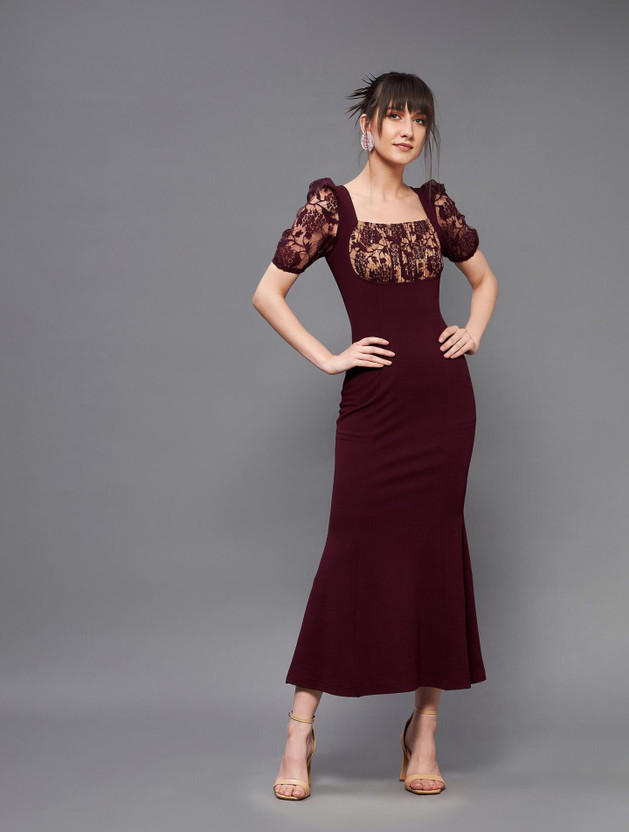 Miss Chase Women A-line Maroon Ankle Length Dress