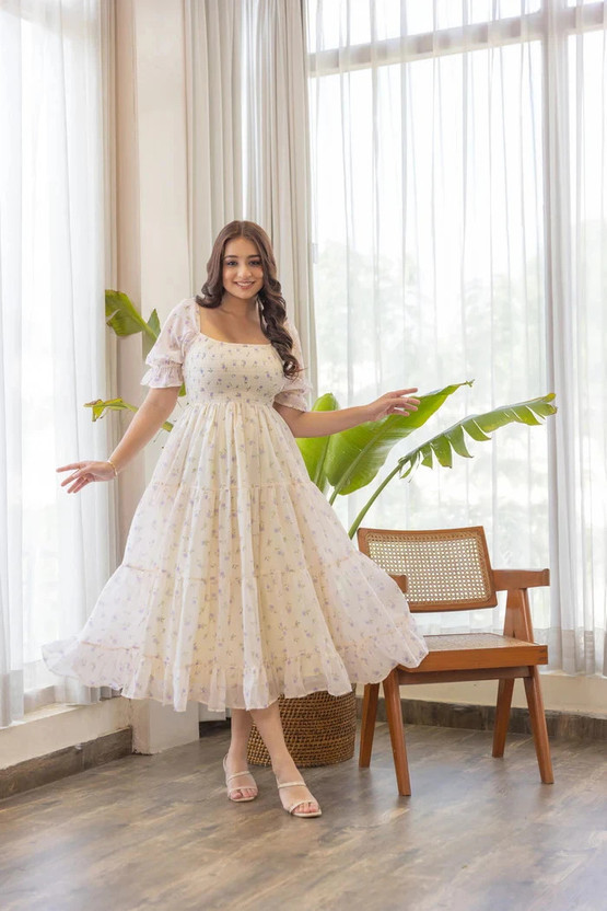 Dream Tree Women Fit and Flare White Midi/Calf Length Dress