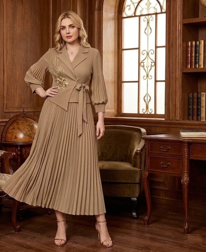 Mayneisha Women Pleated Brown Maxi/Full Length Dress