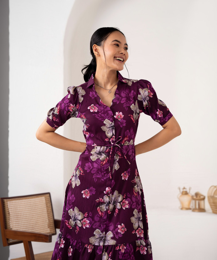 AASK Women Fit and Flare Purple Knee Length Dress