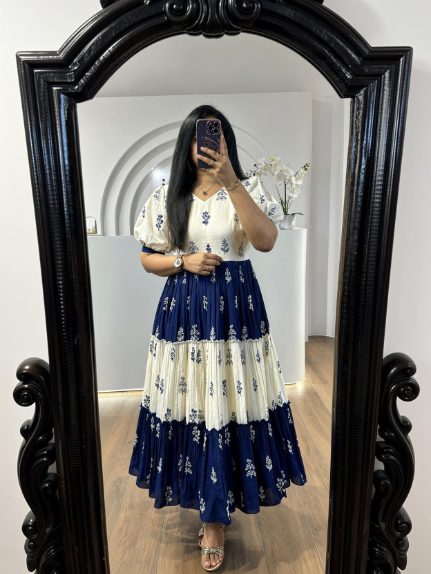 PRANJAYA Women Fit and Flare White, Blue Maxi/Full Length Dress