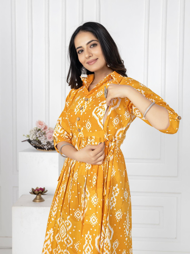 KALAVRITTA Women Gathered Yellow Midi/Calf Length Dress