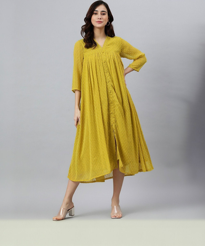 Janasya Women A-line Yellow Midi/Calf Length Dress