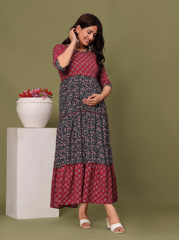sky sky fab Women Maxi Maroon, Dark Blue, White Full Length Dress - Flipkart Deal