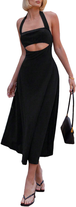 TIVANTE Women Fit and Flare Black Midi/Calf Length Dress