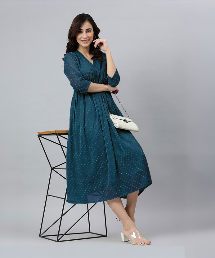 Janasya Women A-line Blue Midi/Calf Length Dress