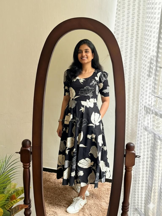 KR KR GLOBAL ENTERPRISES Women Fit and Flare Black Midi/Calf Length Dress - Flipkart Deal