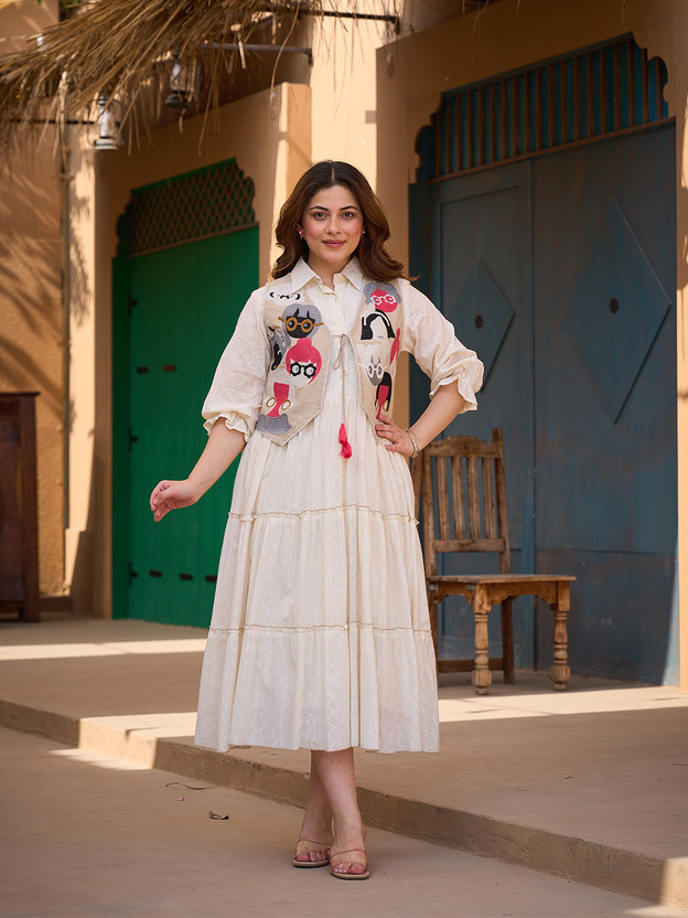 ZUMMER ZUMMER Women Fit and Flare Beige Midi/Calf Length Dress - Flipkart Deal