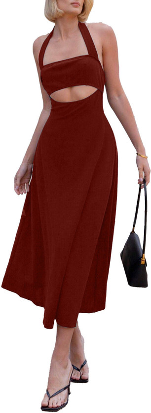 TIVANTE TIVANTE Women Fit and Flare Maroon Midi/Calf Length Dress - Flipkart Deal