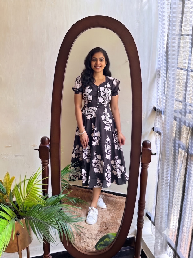 KR KR GLOBAL ENTERPRISES Women Fit and Flare Black, White Midi/Calf Length Dress - Flipkart Deal