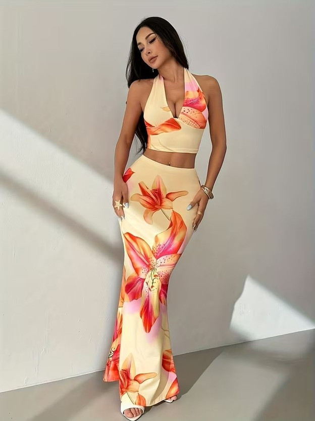 SANEPI Women Two Piece Dress Yellow, Pink Maxi/Full Length Dress