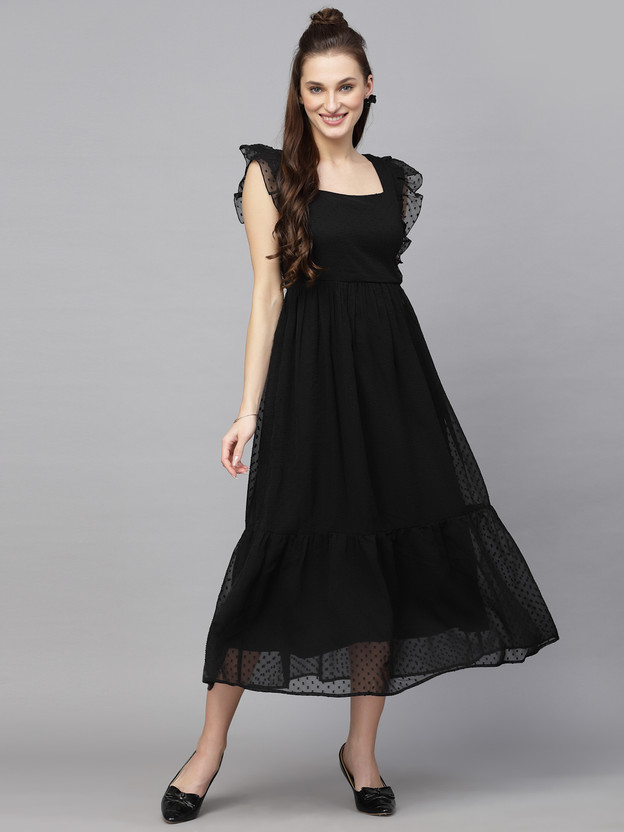 AAYU Women Fit and Flare Black Midi/Calf Length Dress