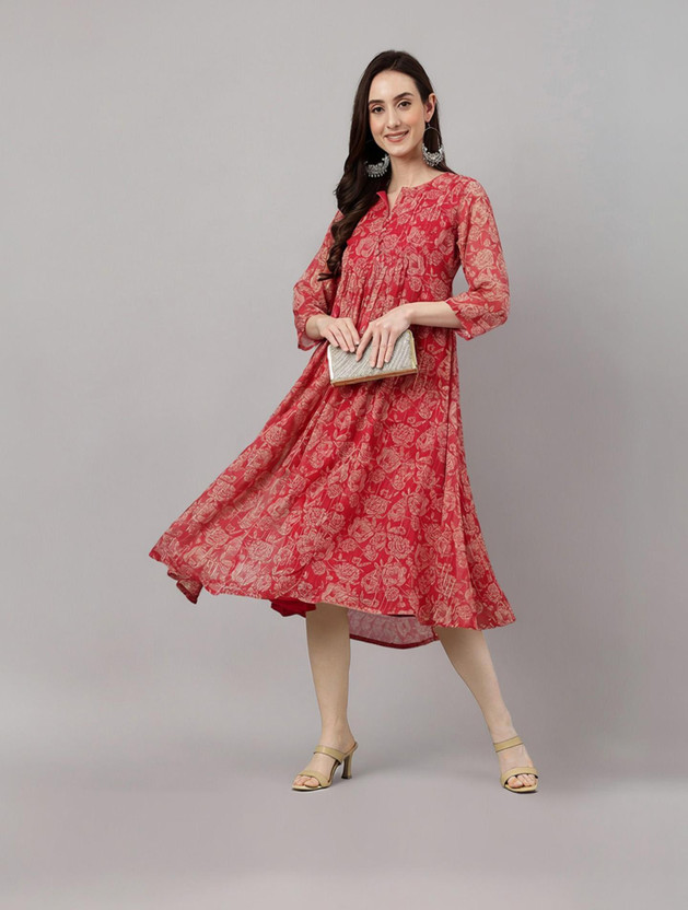 Janasya Janasya Women Fit and Flare Red, White, Pink Midi/Calf Length Dress - Flipkart Deal