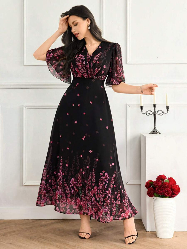 JUGNOO Women Fit and Flare Black, Pink Below Knee Dress