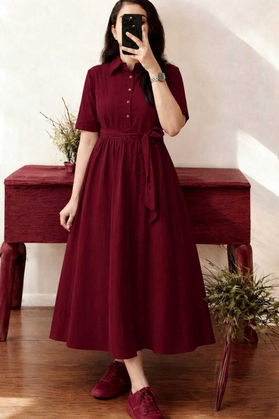 VADUKA VADUKA Women Fit and Flare Maroon Midi/Calf Length Dress - Flipkart Deal
