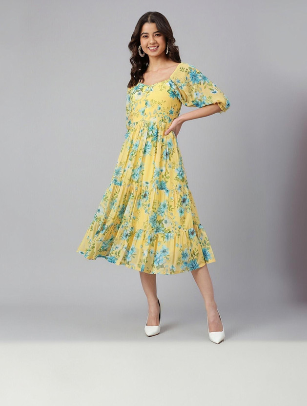 Janasya Women Fit and Flare Yellow Midi/Calf Length Dress