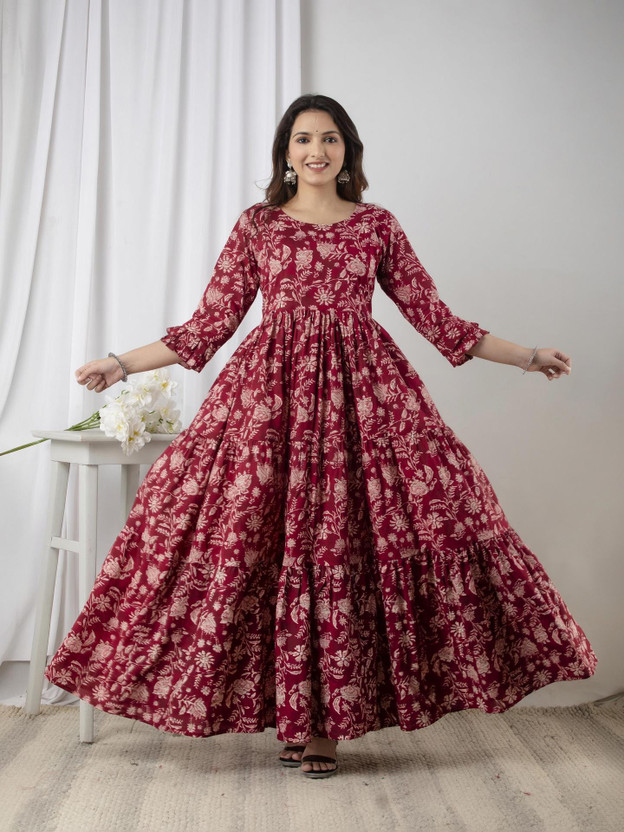 Henal Women Fit and Flare Maroon Ankle Length Dress