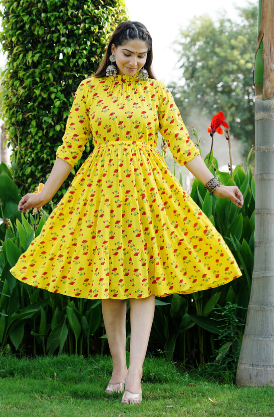women fit and flare yellow dress