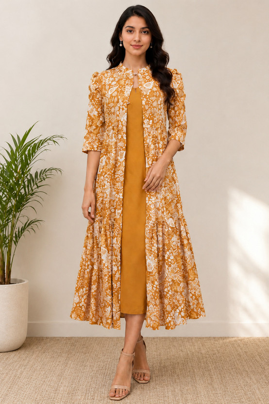 sadhnazon Women Two Piece Dress Yellow, White Midi/Calf Length Dress