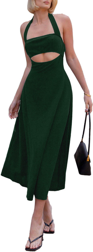 TIVANTE TIVANTE Women Fit and Flare Dark Green Midi/Calf Length Dress - Flipkart Deal