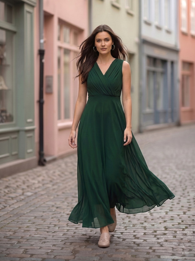 AAYU Women Fit and Flare Dark Green Maxi/Full Length Dress