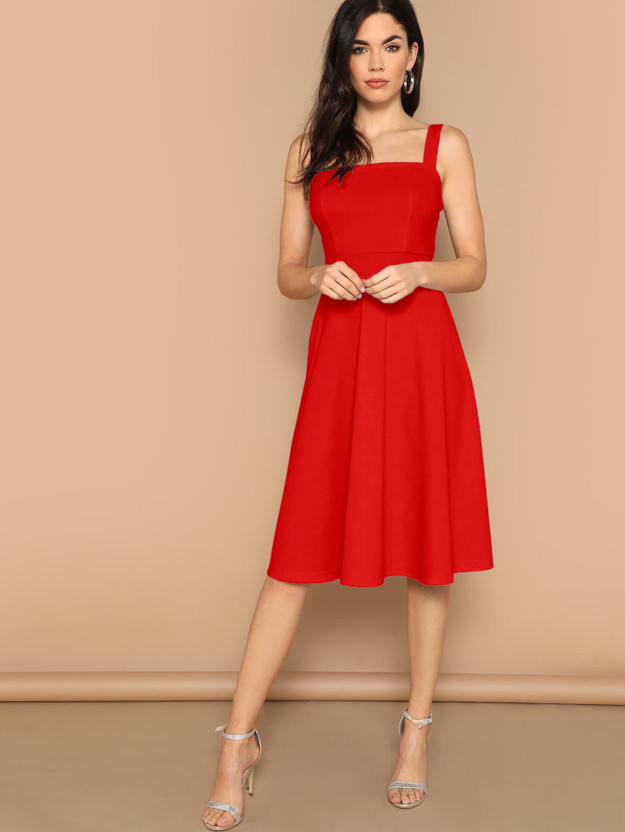 Aahwan Women Fit and Flare Red Below Knee Dress