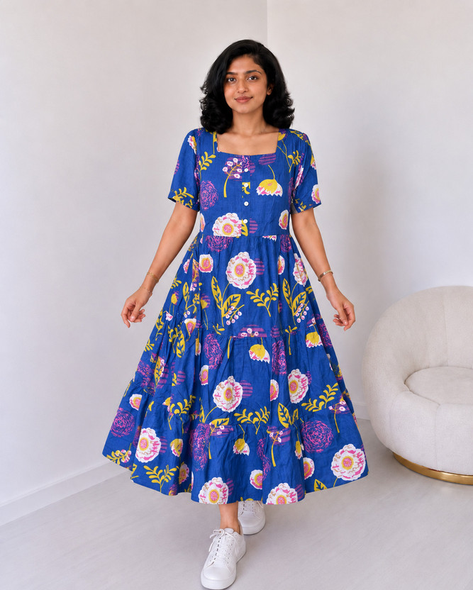 KR GLOBAL ENTERPRISES Women Tiered Blue Midi/Calf Length Dress