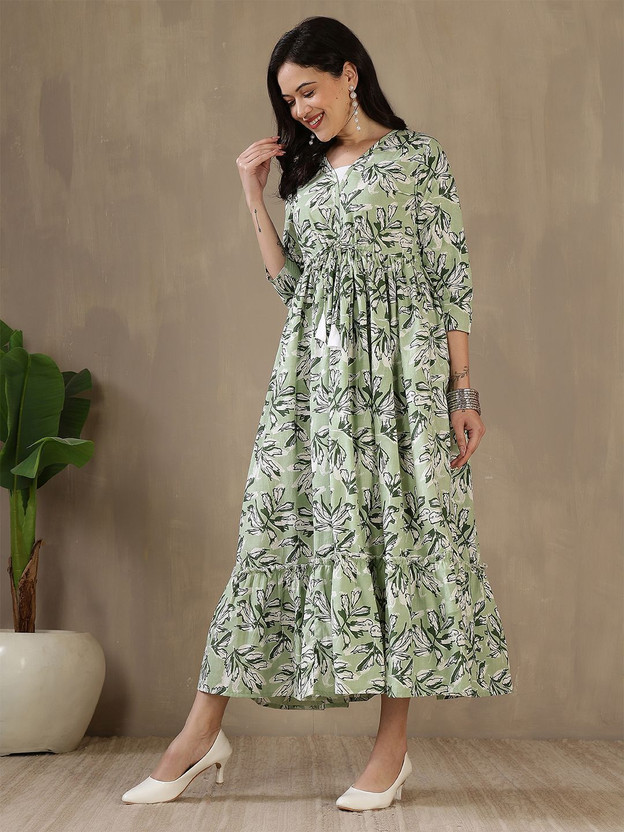 GLAMALUE Women Fit and Flare Green Maxi/Full Length Dress