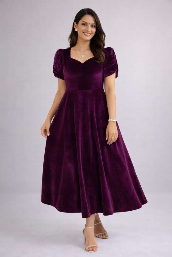 Freyal Enterprise Women Fit and Flare Purple Midi/Calf Length Dress