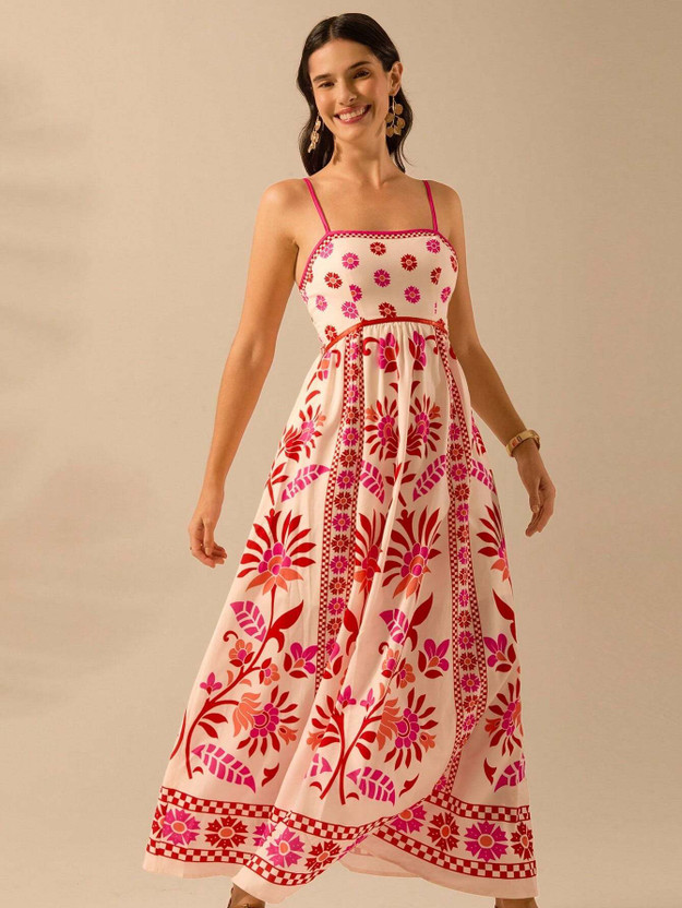 Honky Tonky Women Fit and Flare Beige, Red Maxi/Full Length Dress