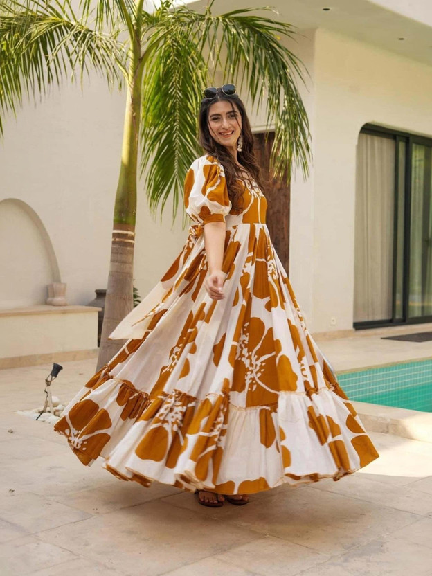 Honky Honky Tonky Women Fit and Flare Brown, White Maxi/Full Length Dress - Flipkart Deal