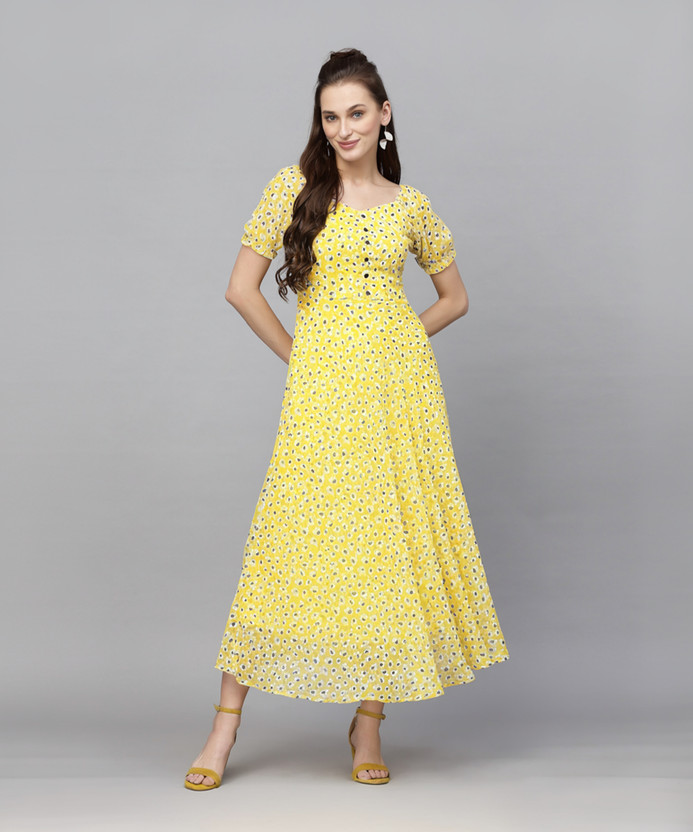 AAYU Women Fit and Flare Yellow Maxi/Full Length Dress
