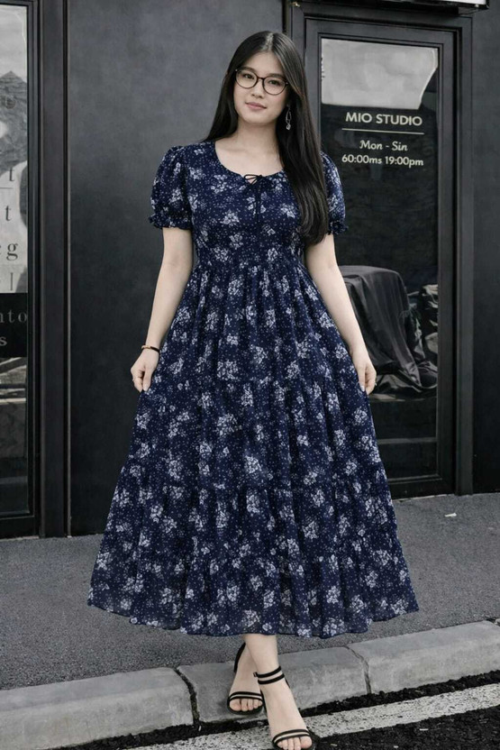 METRONAUT Women Fit and Flare Dark Blue Midi/Calf Length Dress