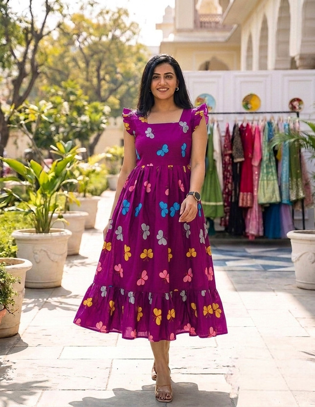 egrecia Women Gathered Purple Midi/Calf Length Dress
