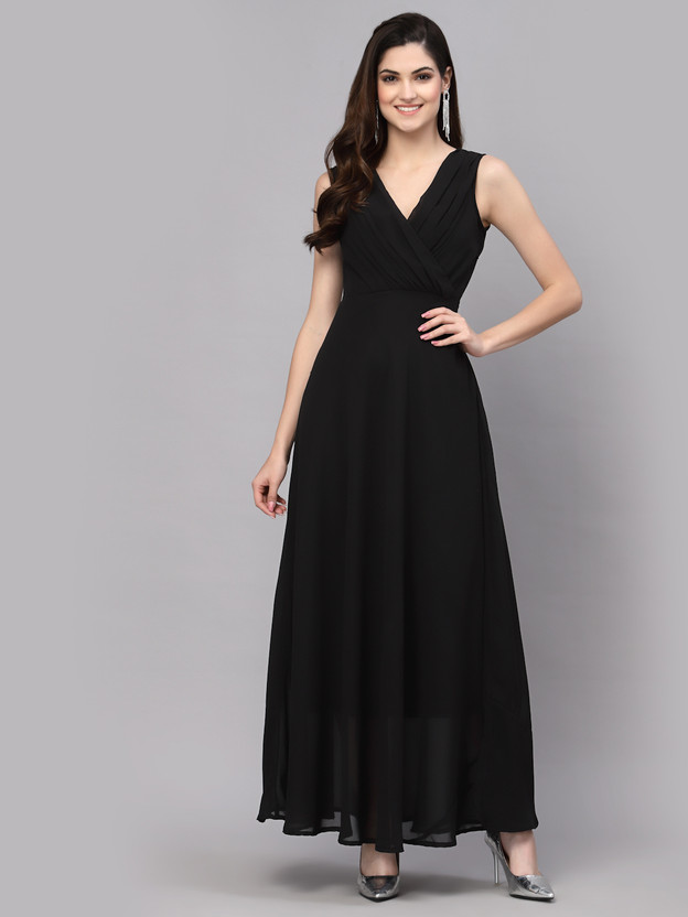 AAYU Women Fit and Flare Black Maxi/Full Length Dress