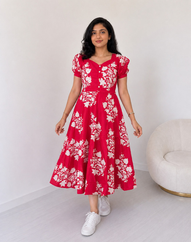 KR GLOBAL ENTERPRISES Women Fit and Flare Red Midi/Calf Length Dress