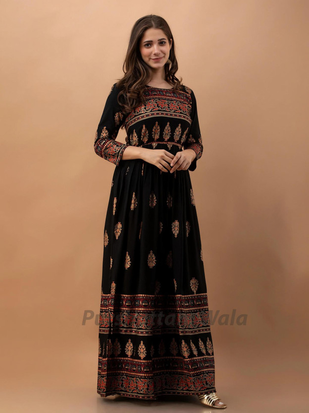 PURSHOTTAM WALA Women Fit and Flare Black Ankle Length Dress