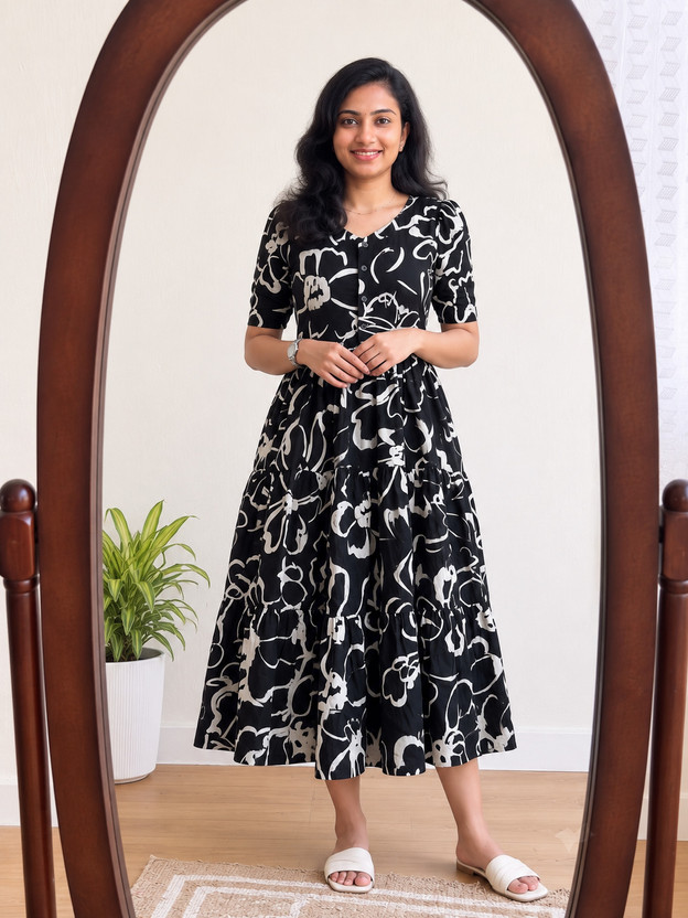 KR KR GLOBAL ENTERPRISES Women Fit and Flare Black, White Midi/Calf Length Dress - Flipkart Deal