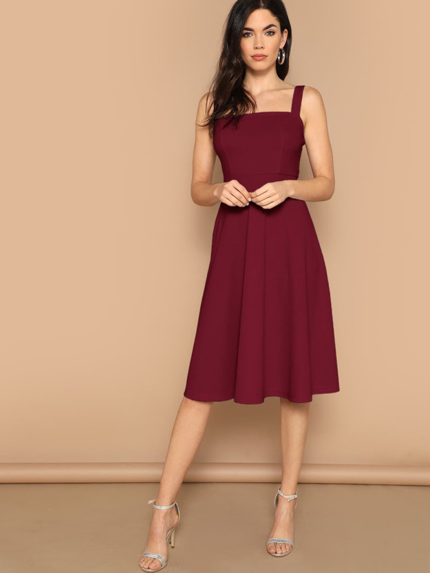 Aahwan Women Fit and Flare Maroon Below Knee Dress